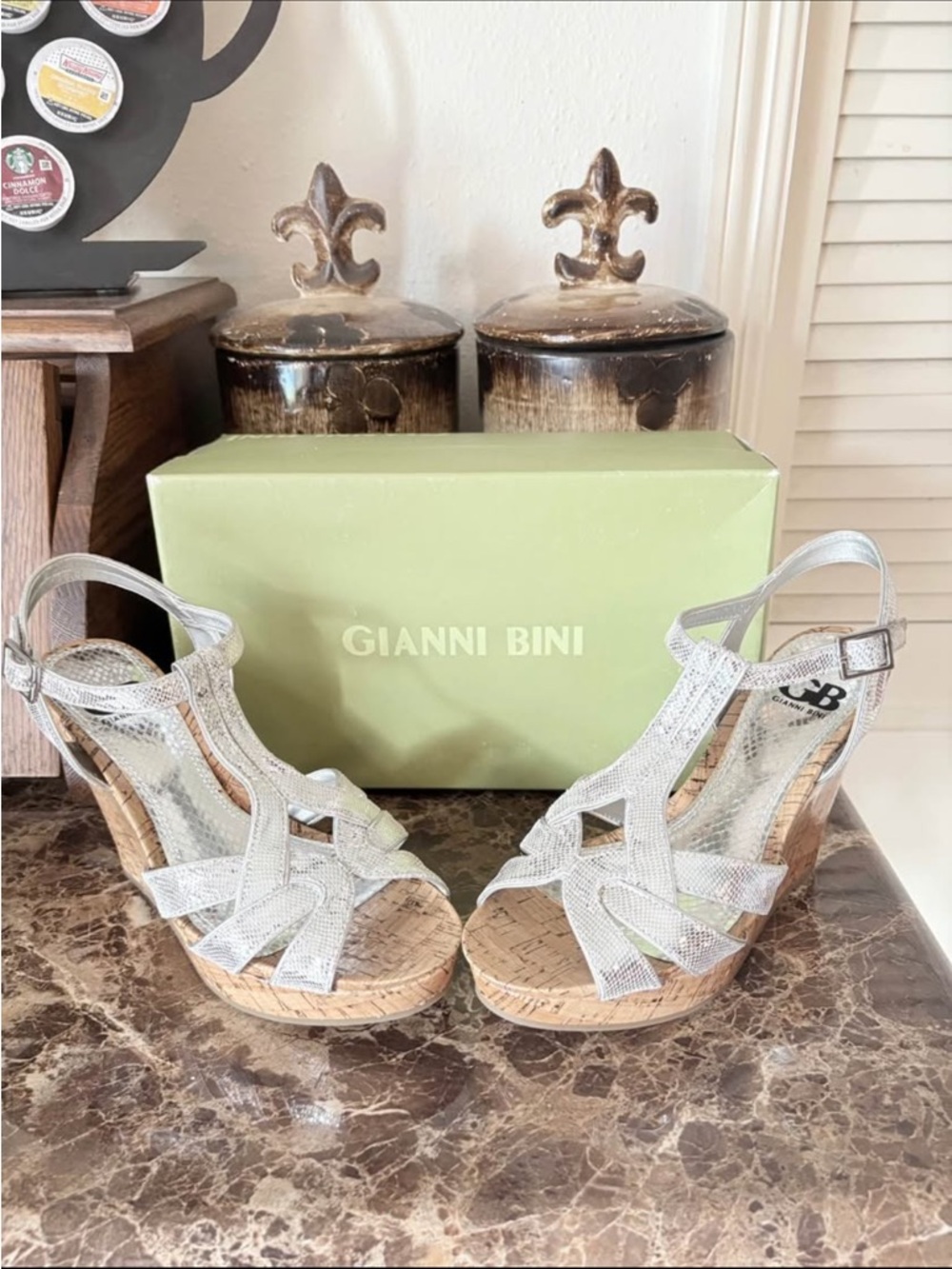 Gianni Bini Silver Metallic Cork Wedge Sandals
